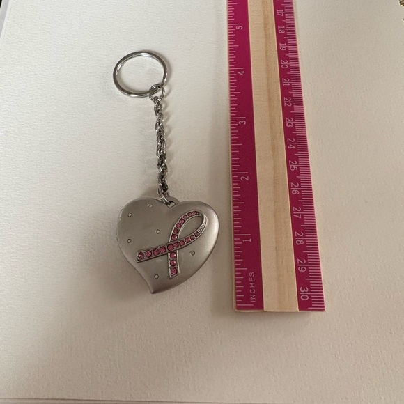 Avon Breast Cancer Awareness Silver Heart Locket Keychain Ribbon Pink Stones - Picture 2 of 4